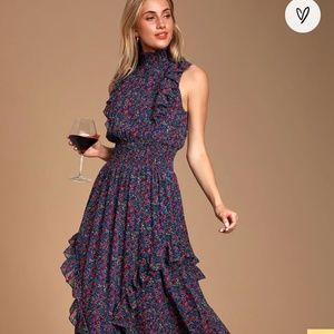 High neck floral midi dress